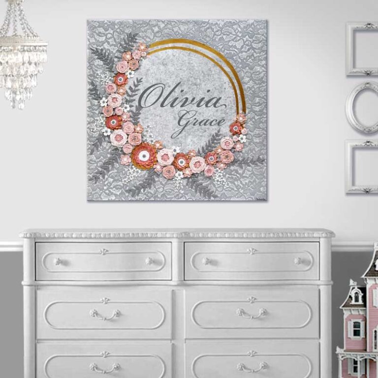 Baby girls nursery setting view of pink and gray floral nursery art with texture and baby name inscription