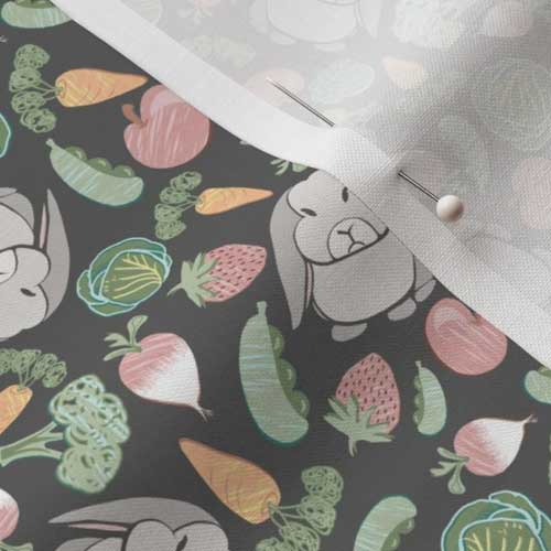 Close up of bunny with healthy foods fabric