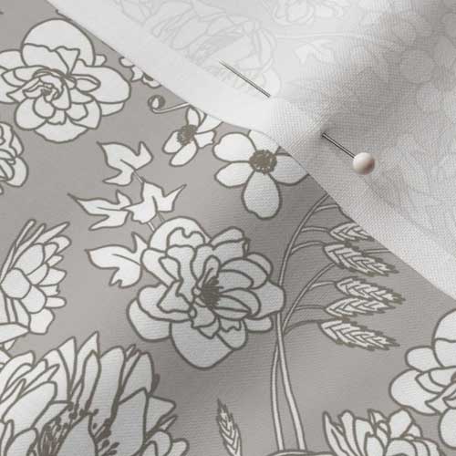 Close up of fabric with country floral in French gray and white