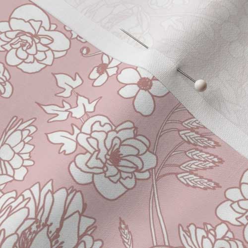 Close up of fabric with country floral in pink and white