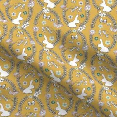 Easter bunny woodland fabric in goldenrod yellow