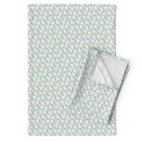 Farmhouse tea towels with yellow chicks in teal eggs