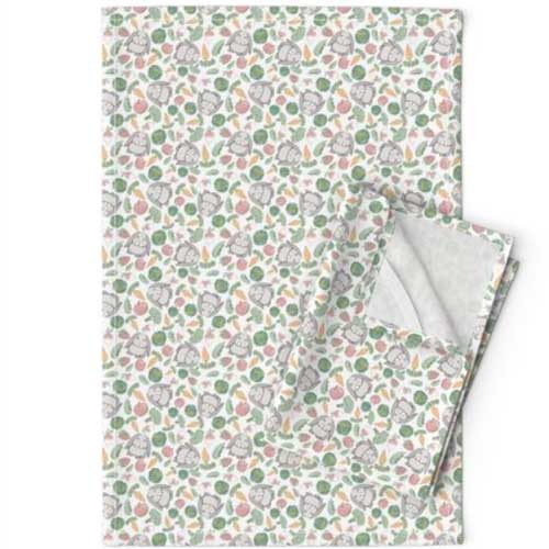 Tea towels with rabbits in garden food print on white