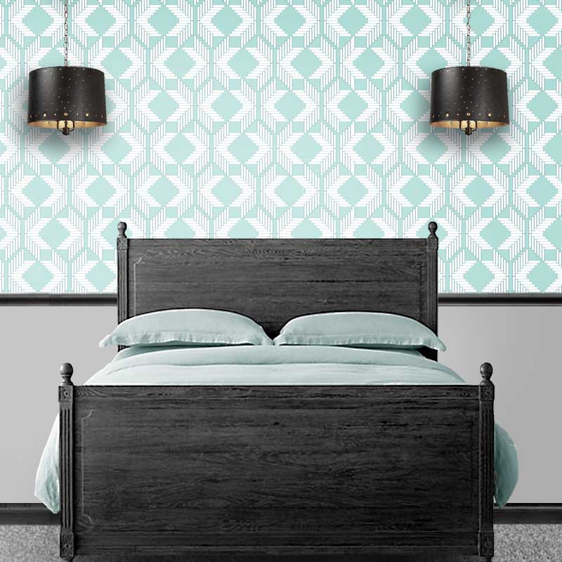 Soft teal bedroom wallpaper in geometric lattice