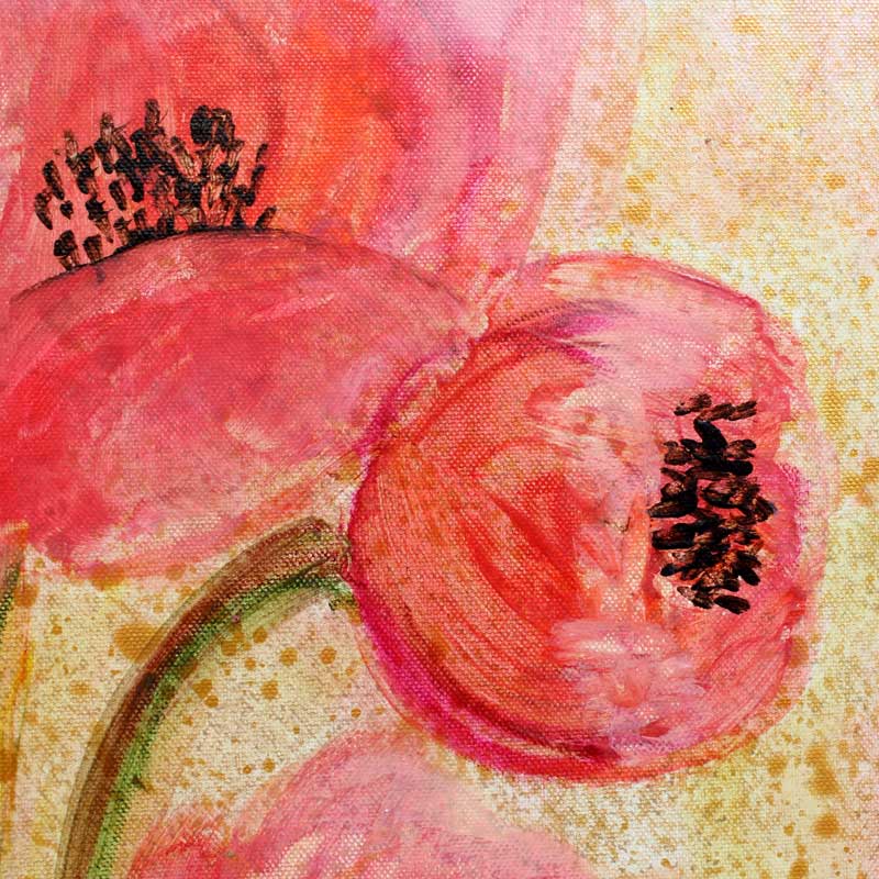 Flower bud on painting of poppies at sunset