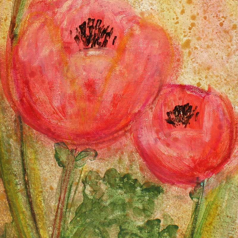 Center view of painting of poppies at sunset