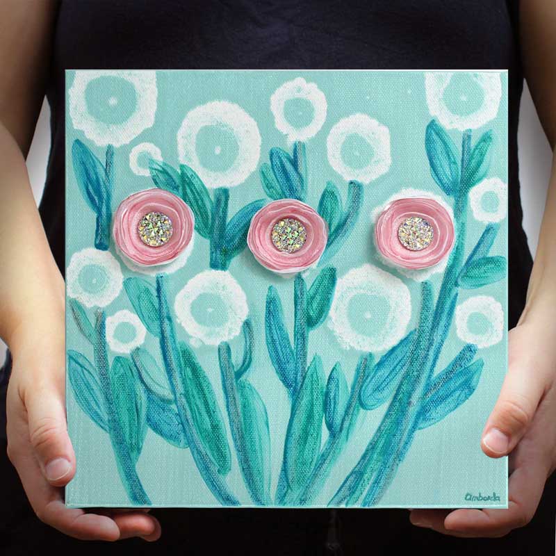 hand held small painting of pink cactus flower
