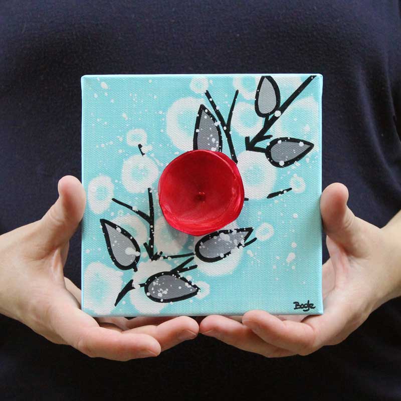 Held in hand mini art aqua and red flower