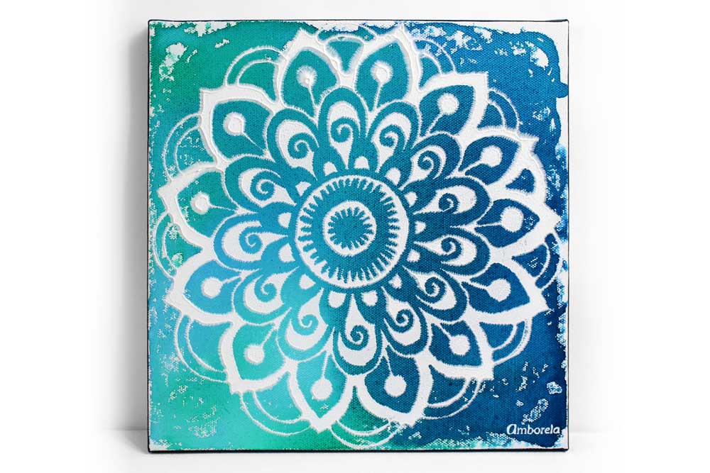 Center view of art with blue and white mandala