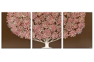 Boho Floral Tree Painting Triptych, Brown, Peach | Large