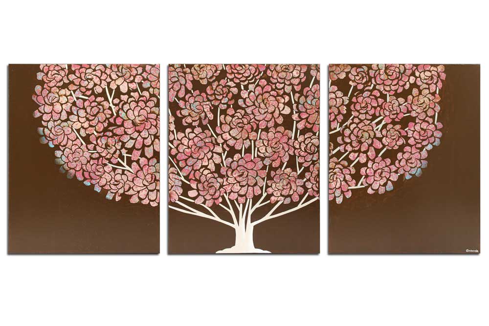 Front view of brown and peach tree art