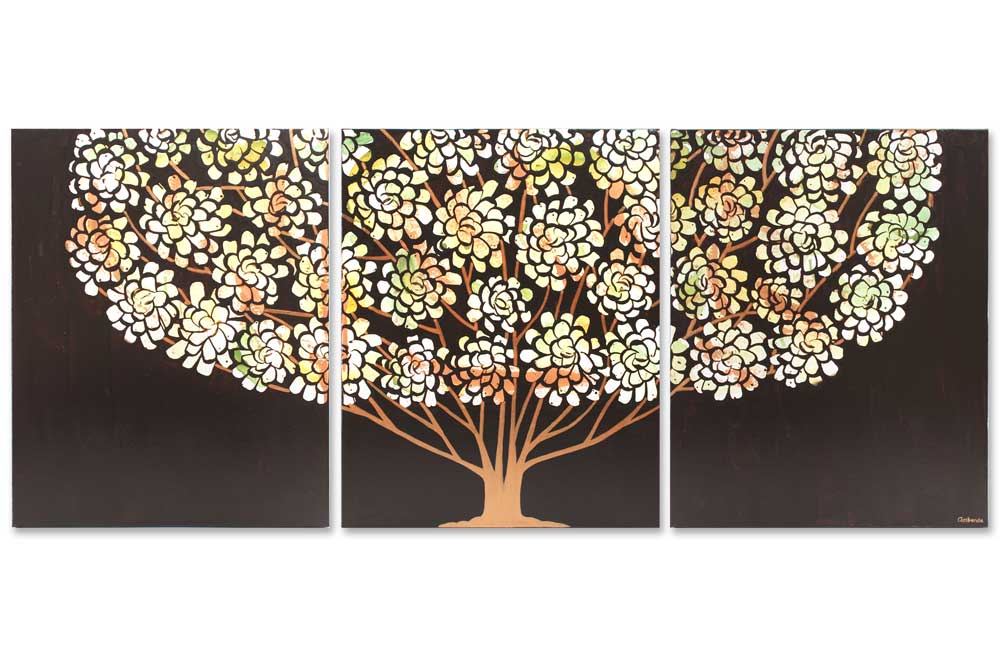 Front view of earth toned floral tree artwork