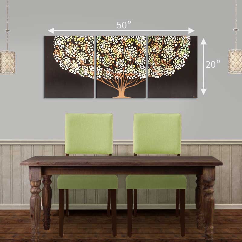 Size guide for earth toned floral tree artwork