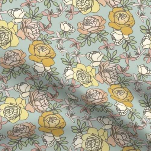 Autumn fabric with yellow roses on blue