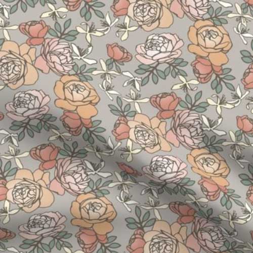 Fabric with autumn roses in peach on French gray