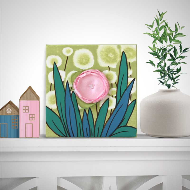 Setting view of green and pink flower spring painting on mini canvas