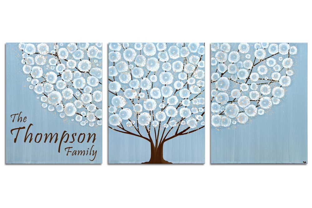 Inscribed art of sky blue tree with family name