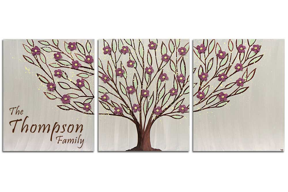 Inscribed art of warm gray and red tree with family name
