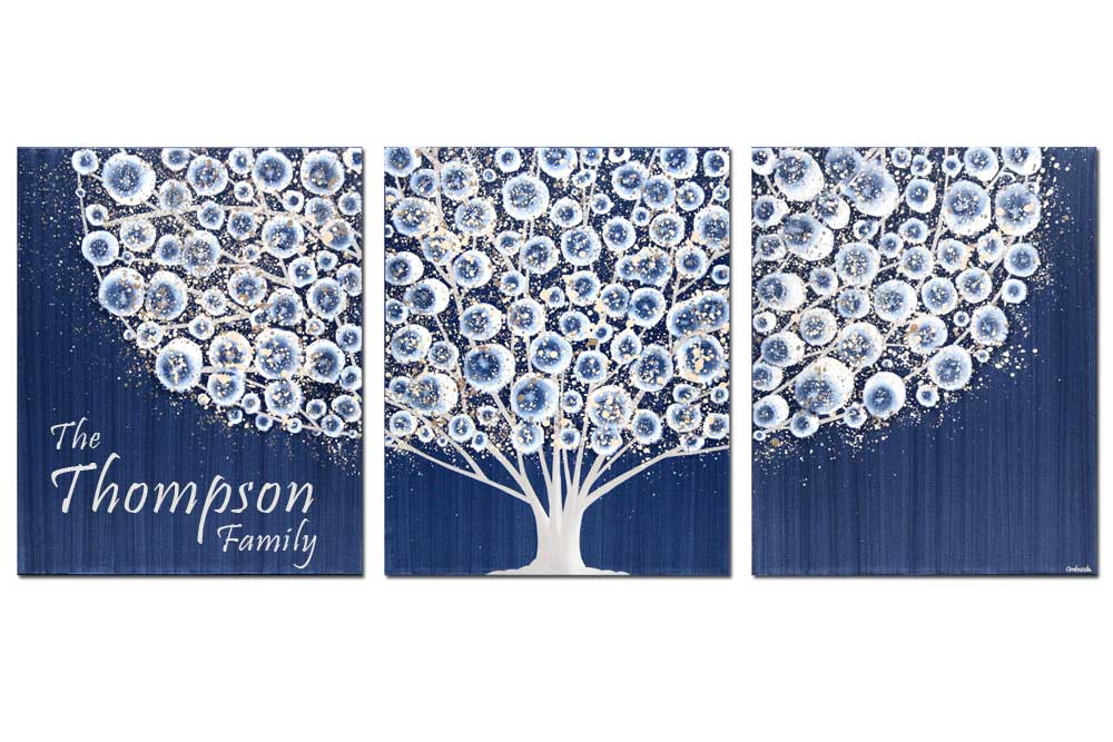 Inscribed art of indigo blue tree with family name