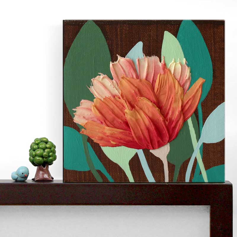 Shelf setting view of mini painting of orange peony flower