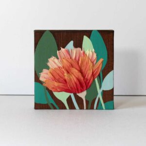 Orange Impasto Peony Canvas Artwork in Green, Brown | Mini