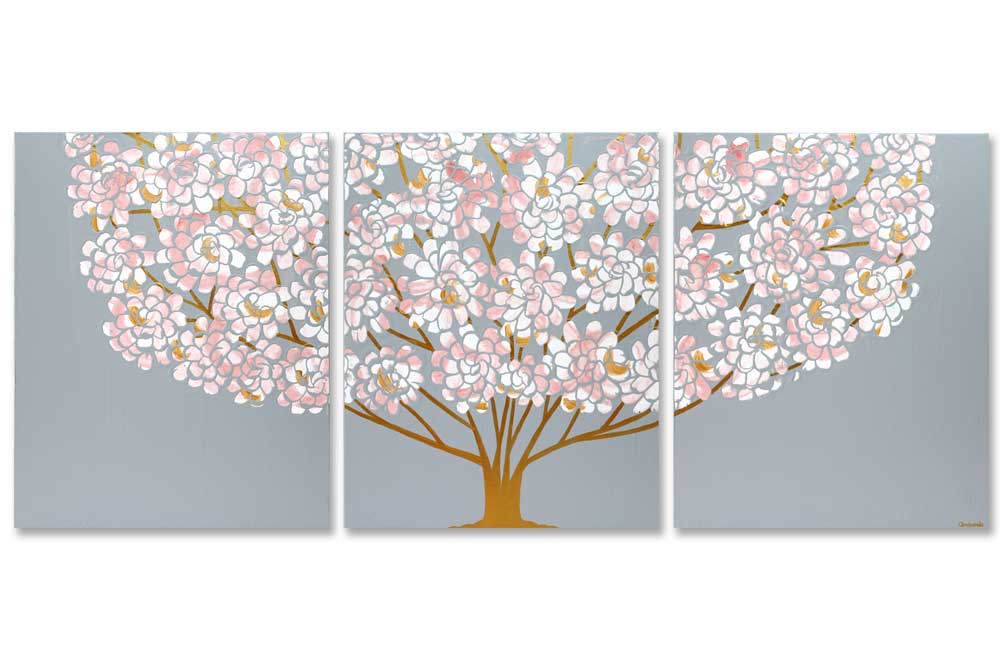 Front view of pink and gray floral tree nursery art