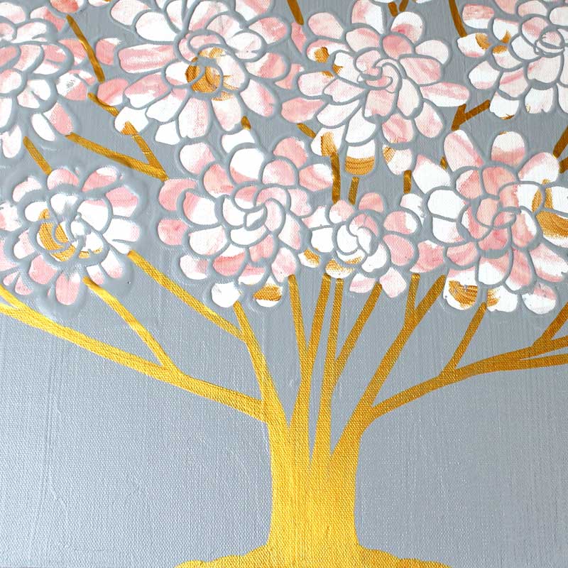 Metallic trunk on pink and gray floral tree nursery art