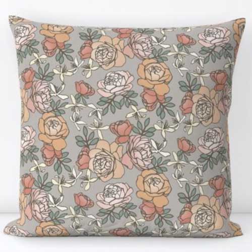 Pillow with autumn roses in peach on French gray