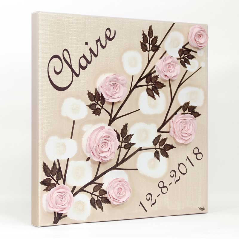 Side view of inscribed rose nursery art in pink khaki