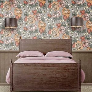 Fabric & Wallpaper: Peach Roses on French Gray