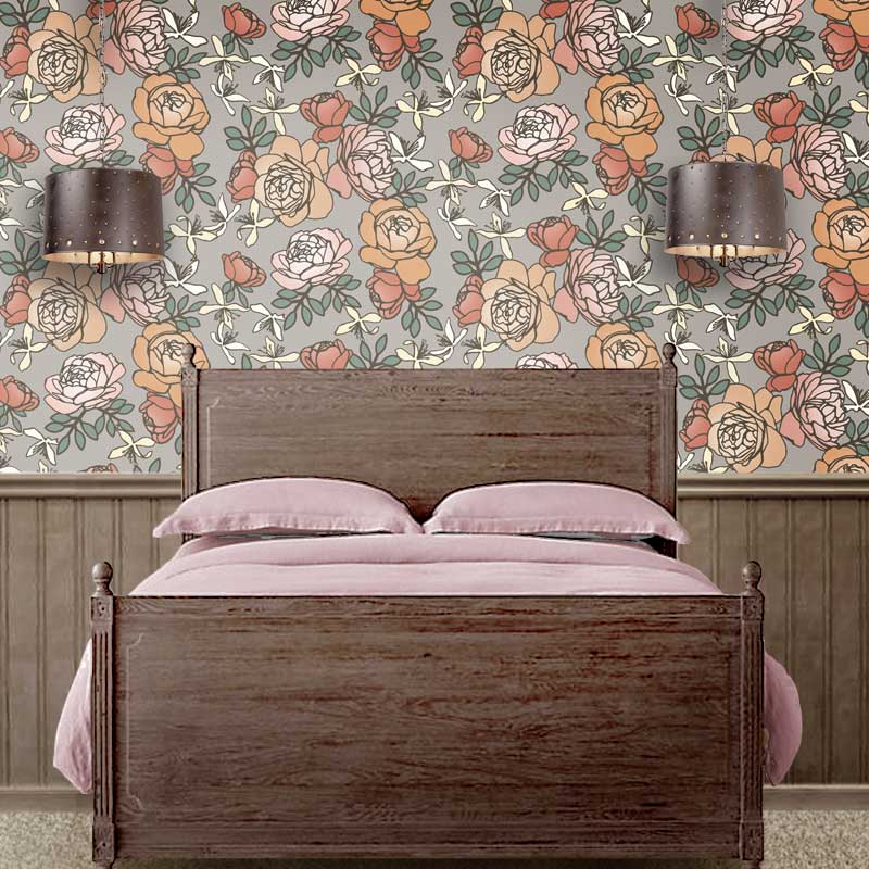 Wallpaper in bedroom setting with peach floral
