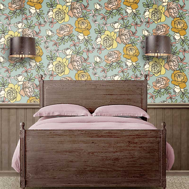 Bedroom setting for wallpaper with blue country floral wallpaper