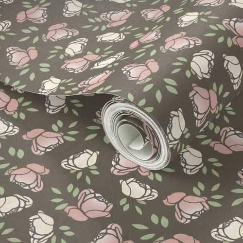 Wallpaper roll with rosebuds on French gray