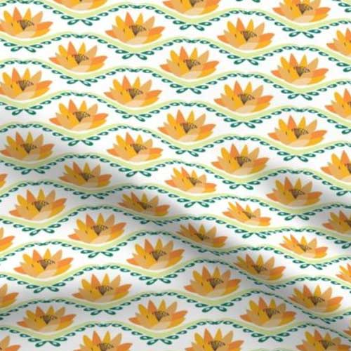 Fabric with orange water lilies in ogee pattern