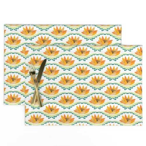 Placemats with orange water lilies in ogee pattern