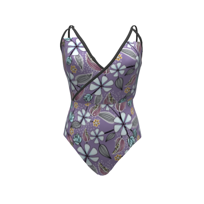 Sample swimsuit with purple floral fabric