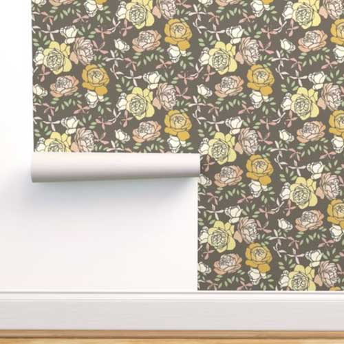 Wallpaper with autumn floral pattern in dark gray