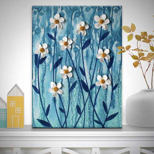 Blue painting of white flowers in rain