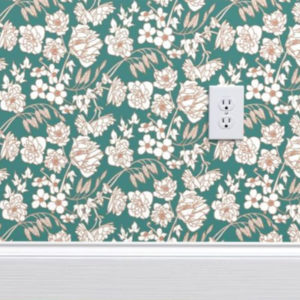 Floral wallpaper in teal and rust