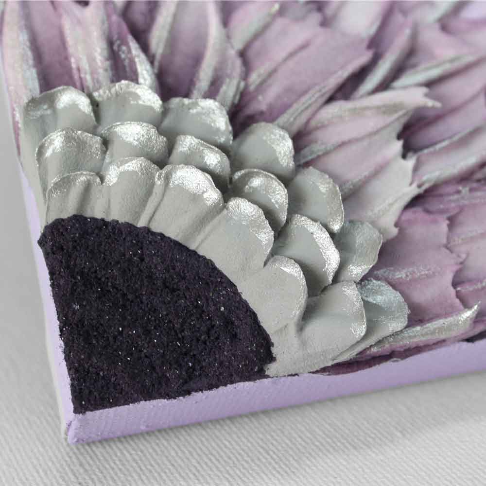 Close up of purple sunflower painting on mini canvas