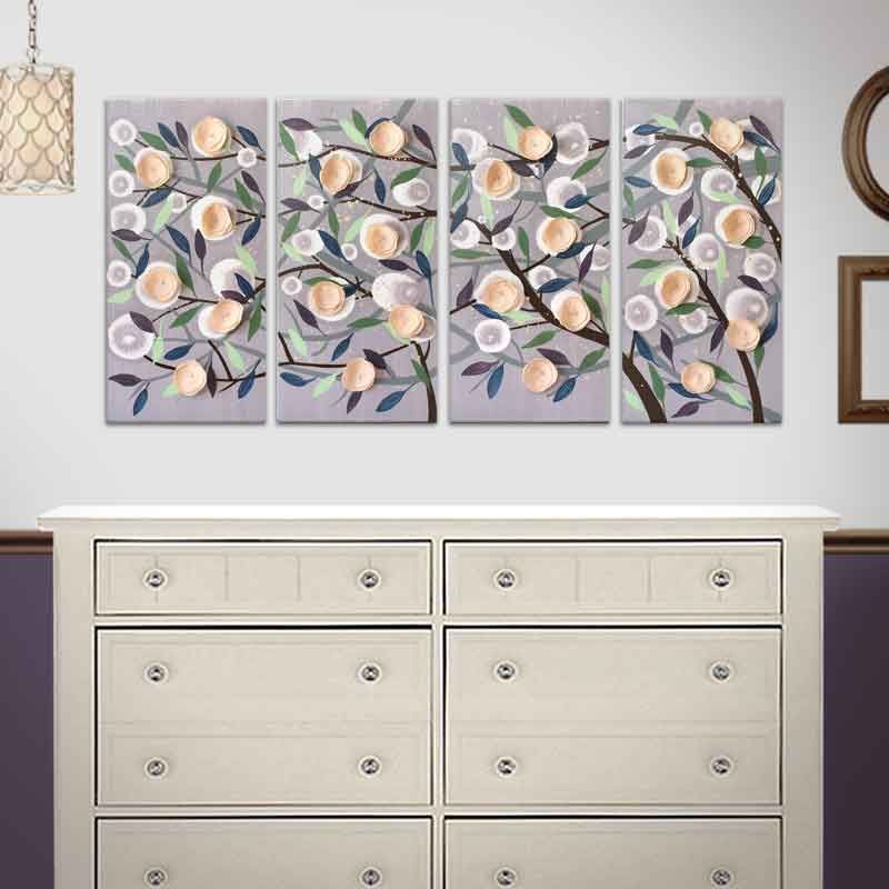 4 canvas painting in lavender and peach of flower branches