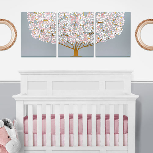 pink and gray floral tree painting in girl nursery