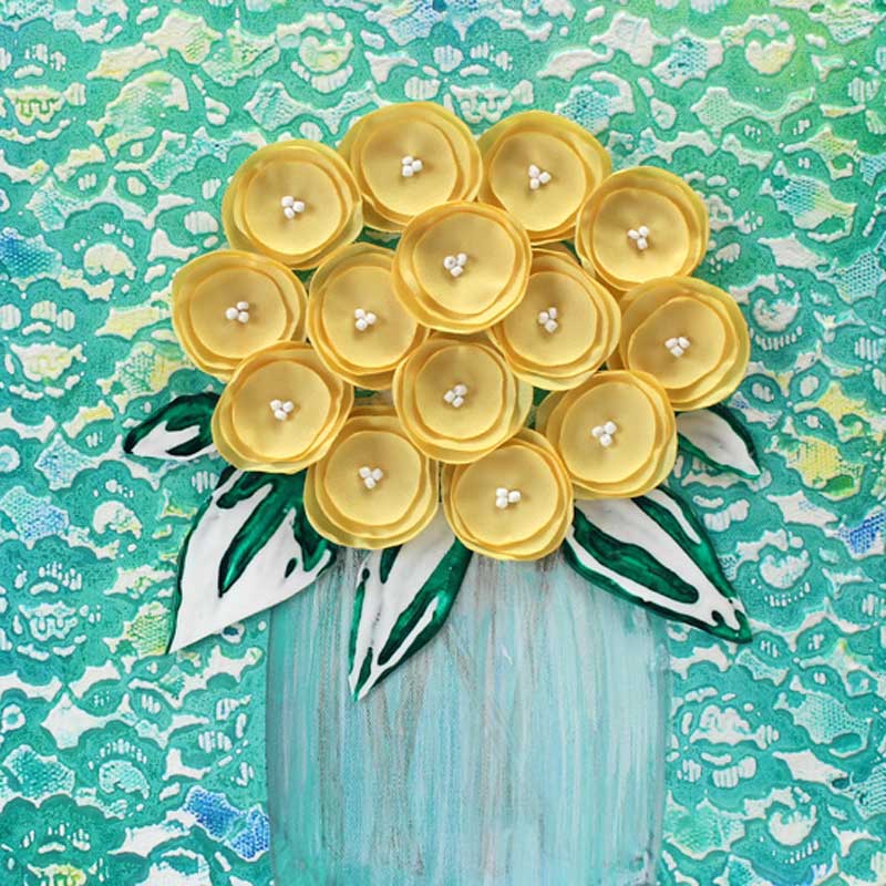 Yellow bouquet of flowers on teal lace painting