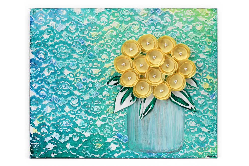 Front view of yellow and teal floral still life