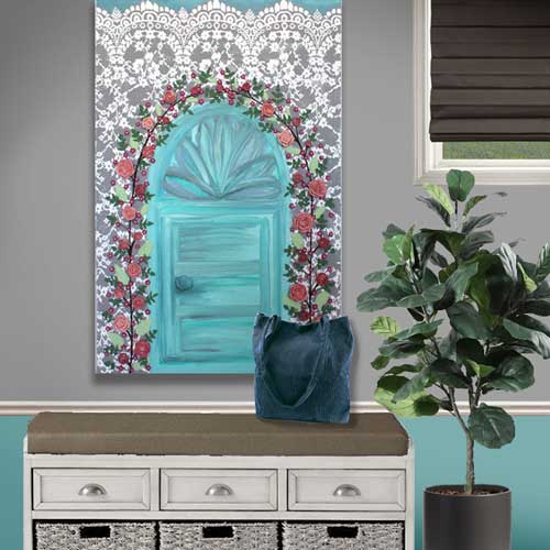 Painting of teal garden door covered in pink roses on a tall canvas