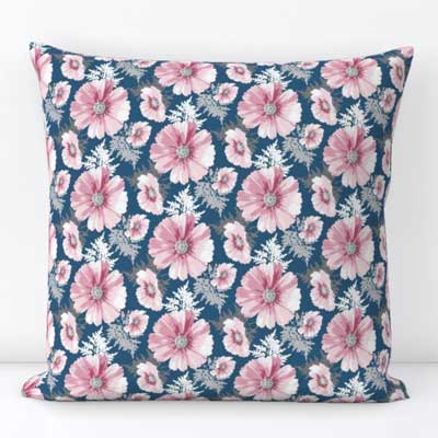 Blue and pink cosmos print pillow