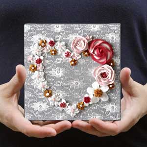 Heart painting on mini canvas in pink, red, gray flowers