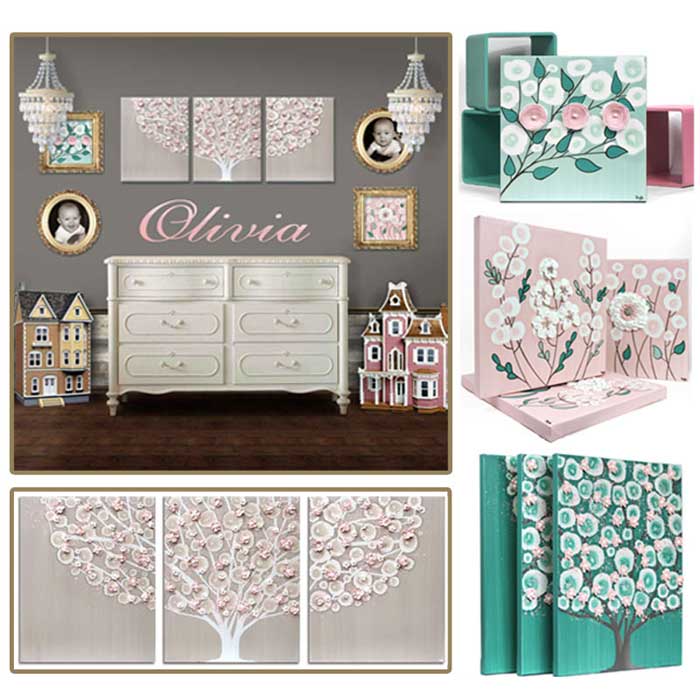 Nursery art collection of pink and teal wall art