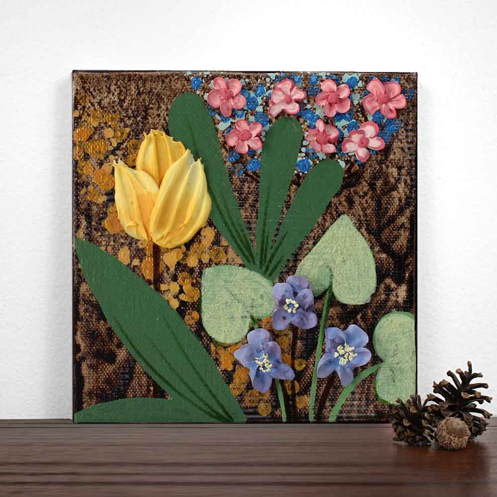 Earth toned spring floral painting on miniature canvas