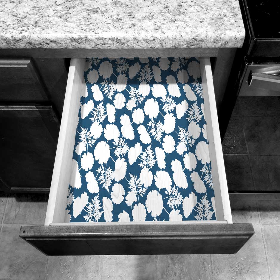 Blue drawer liner wallpaper